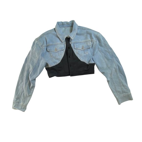 Blue Denim & Black Two-Piece Cropped Jacket Pants Set Size XL Sexy Stretch Jeans - Picture 3 of 9